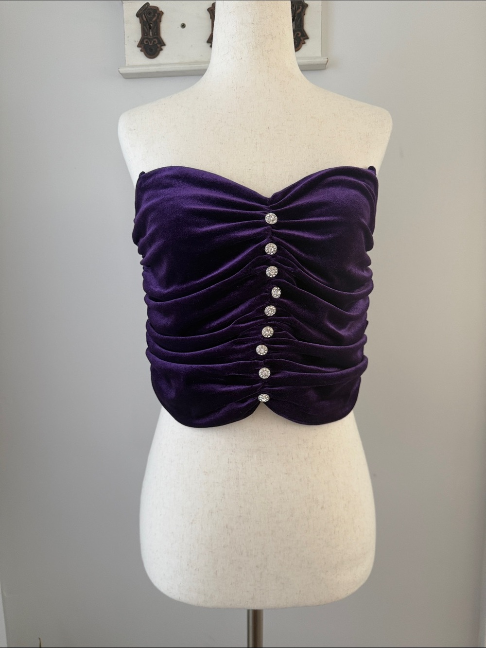 Zara Purple Velvet Strapless Ruched Crop Top with Rhinestone Buttons